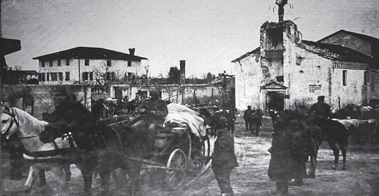 Madrisio, 20.11.1917. Carriaggi austriaci nei pressi del ponte di Madrisio