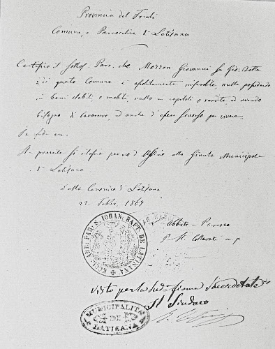 Certificazione del Parroco di Latisana circa la situazione familiare di un parrocchiano
